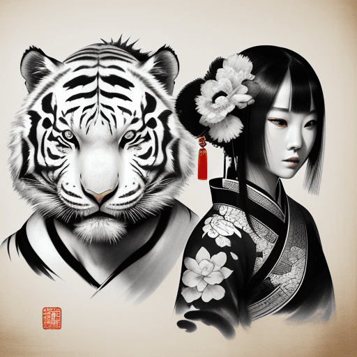 AI generated: White Tiger and a girl with obvious Chinese facial features, traditional Chinese ink style, Chinese ...