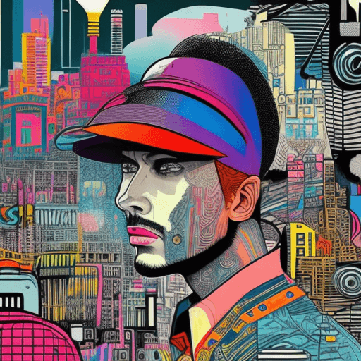 AI generated: drawing with a multi-colored hat, in the style of gloomy metropolises, pop culture mash-up, intricat...
