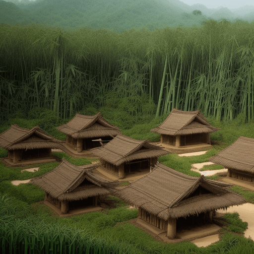 AI generated: cluster of mud houses dispersed accross a coarse bamboo forest 
