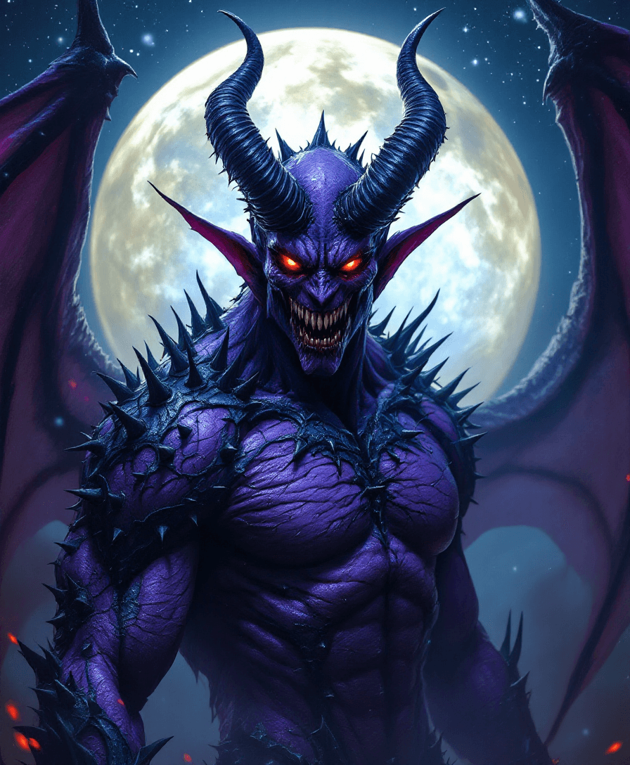 AI generated: Avenging demon with purple skin,piercing red eyes, large horns and bat wings,Bodyspikes all over his...