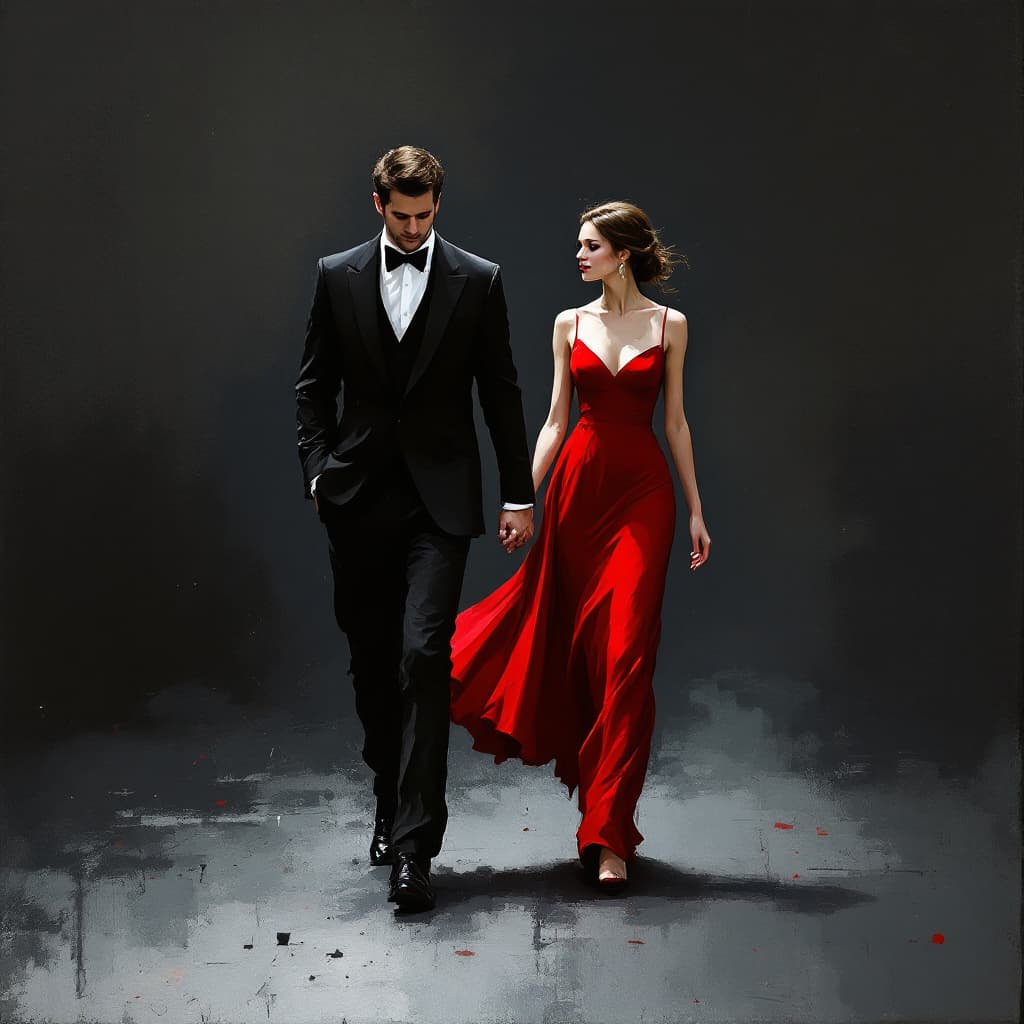 AI generated: An oil painting man and woman are walking down the street, both dressed in formal attire with the wo...