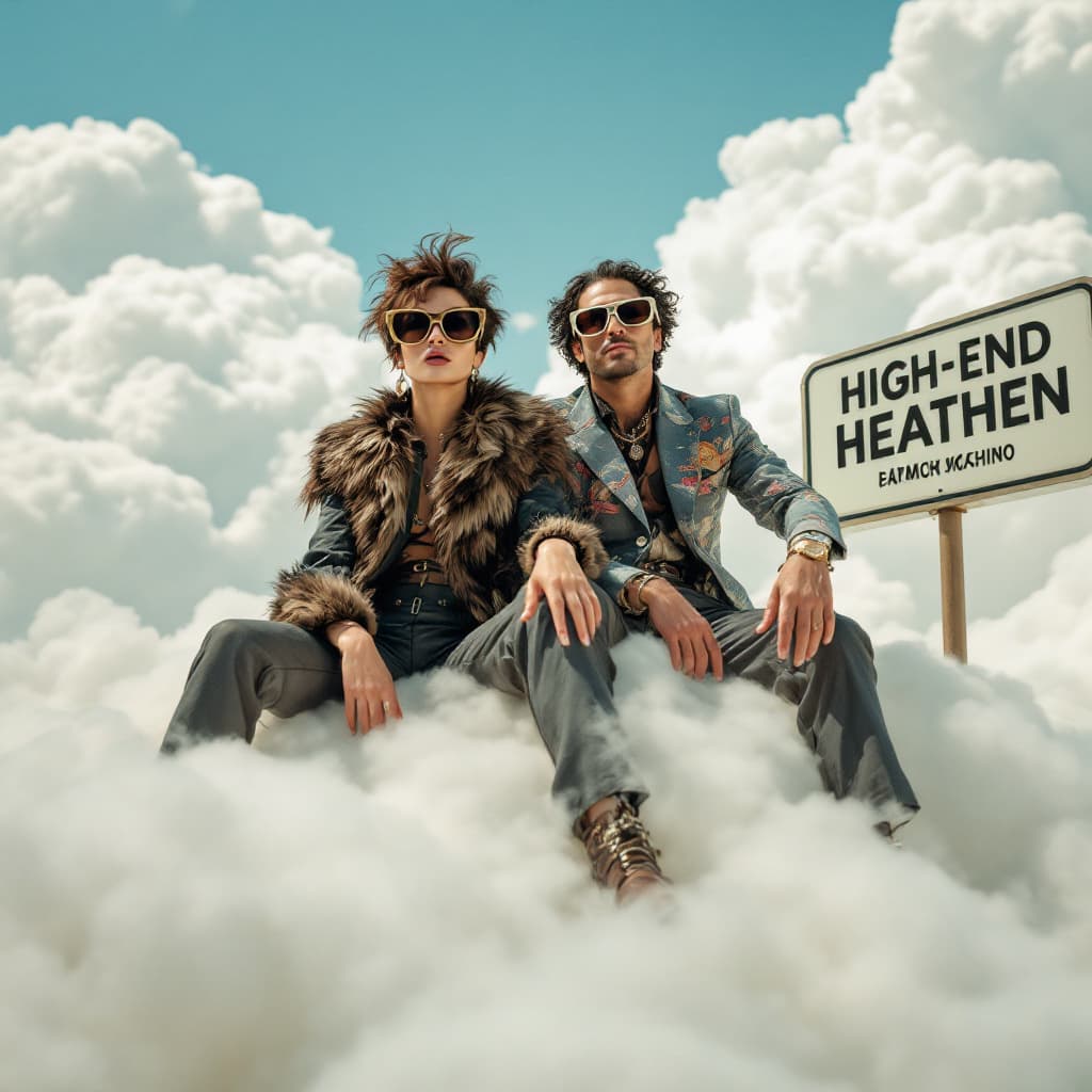 AI generated: A photo of an eccentric woman and man sitting on top of white fluffy clouds wearing big Tom Ford sun...