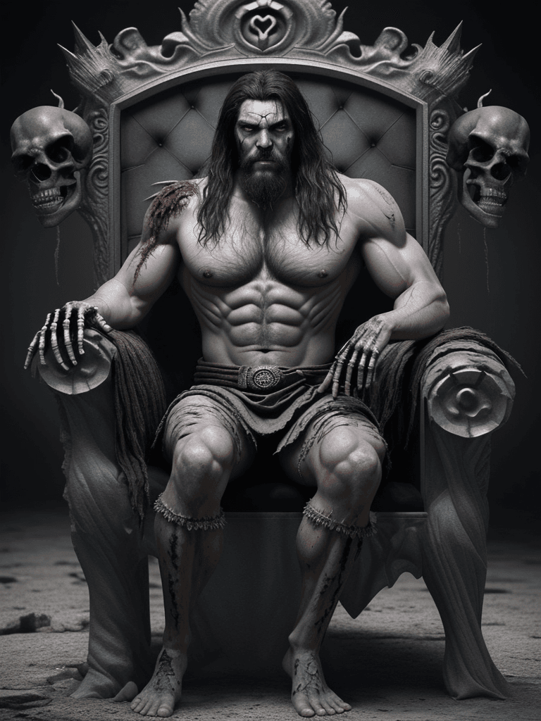 AI generated: Extremely muscular king of the undead sitting on a throne with zombies and skeletons all around him,...