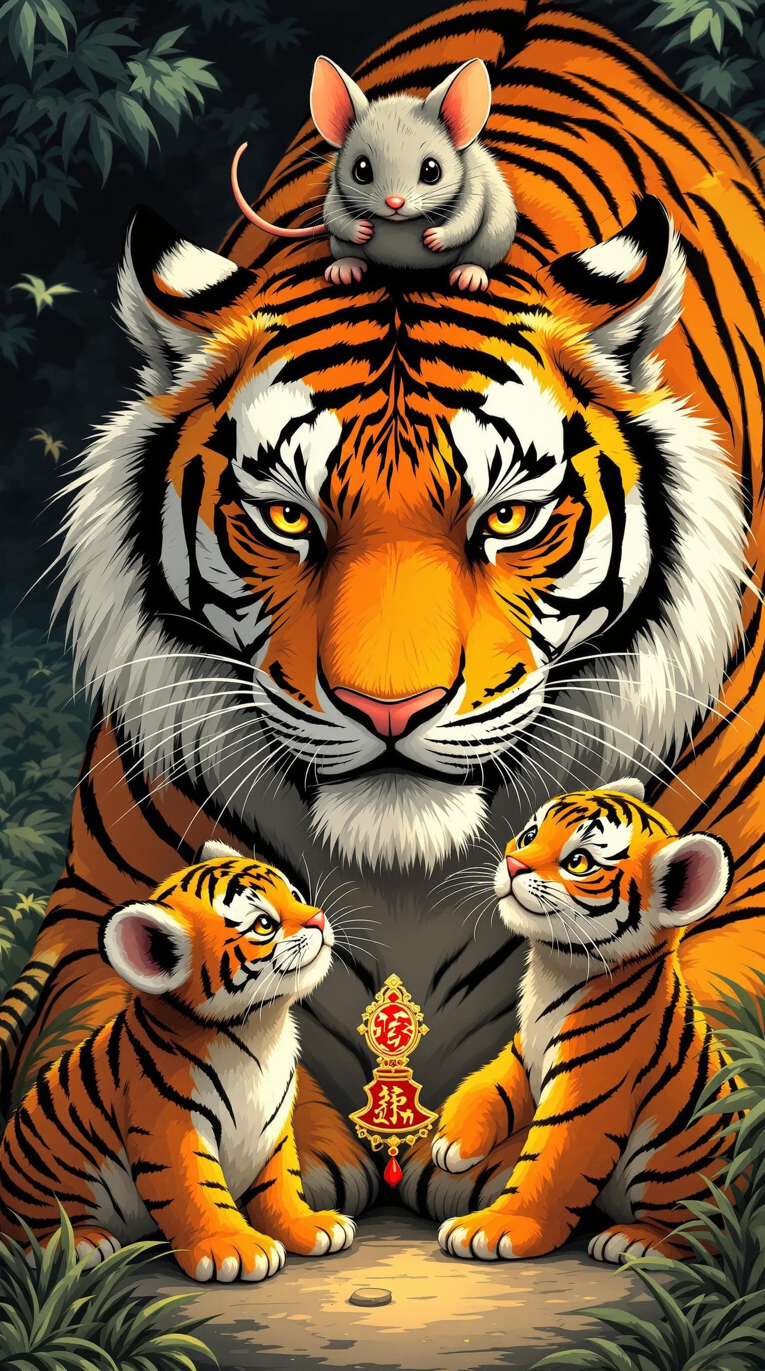 AI generated: a tiger and two tiger cubs, and a oversized mouse ,with a mouse on the tiger's head, the mouse holdi...