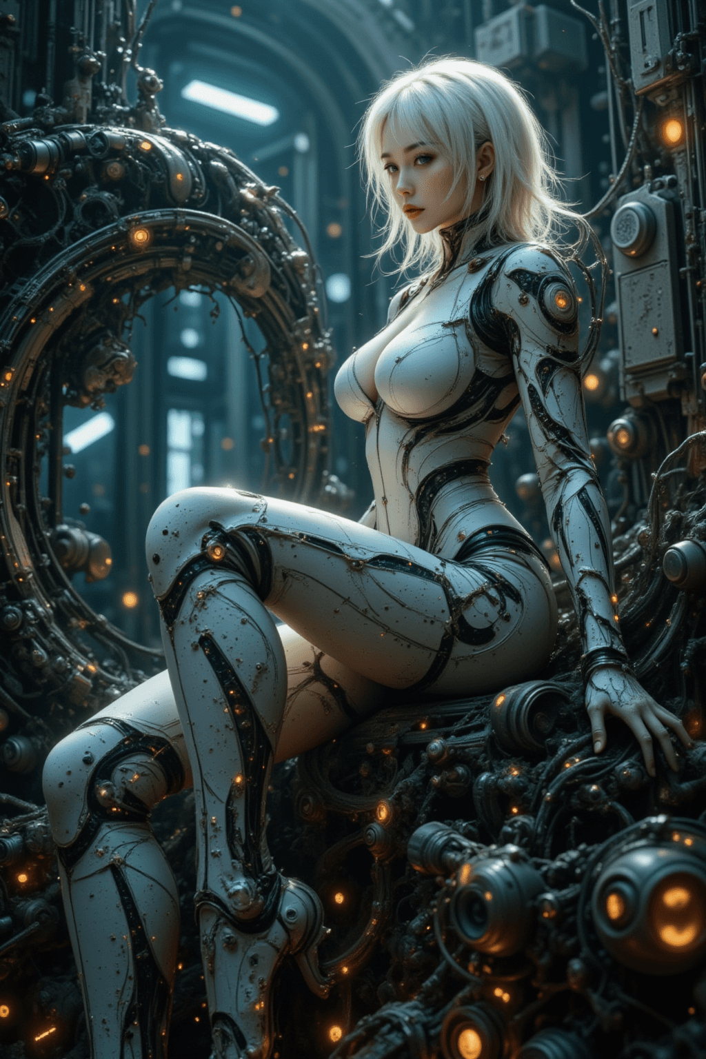 AI generated: A full-body side view of a beautiful Korean woman with sleek white hair and blunt bangs, sitting ato...