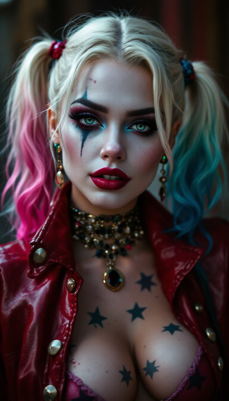 AI generated:  photo realism fictional character harley quin dressedlike lady gaga fashion maner, full shot edit