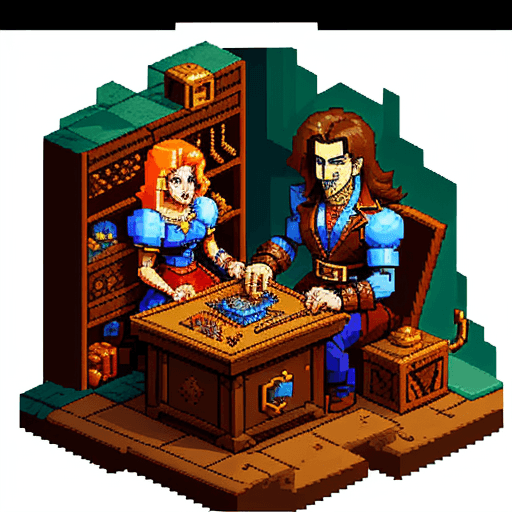 AI generated: man and woman working in magic jewerly workshop, style of castlevania 1986, clean pixel art  