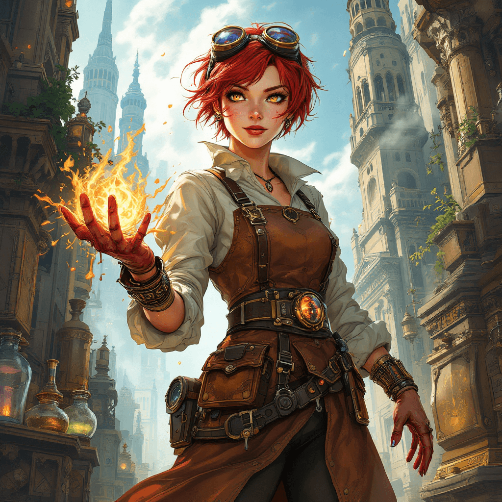 AI generated: The Alchemist of the Gilded City: A cunning and innovative character with short, vibrant red hair, s...