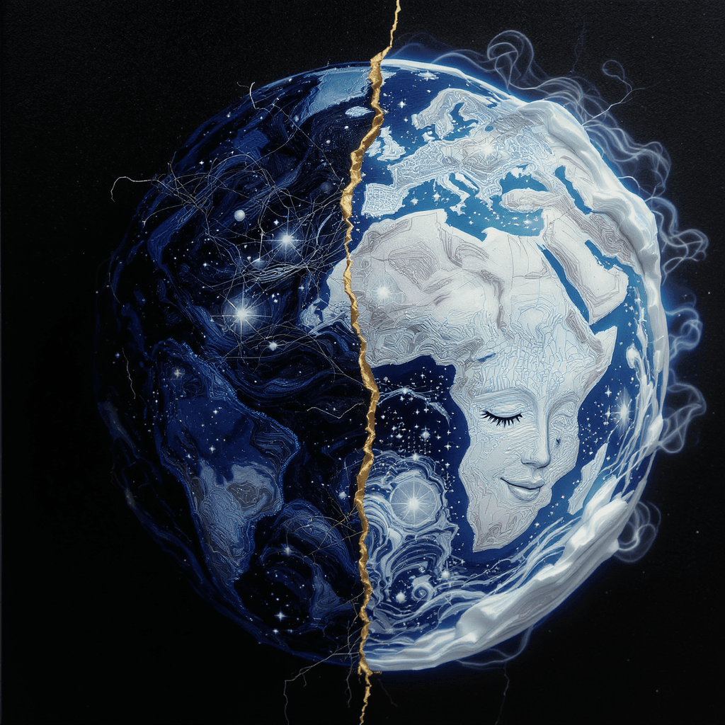 AI generated: "Abstract close-up of a symbolic planet made of human emotions — pain, despair, and fleeting joy — s...