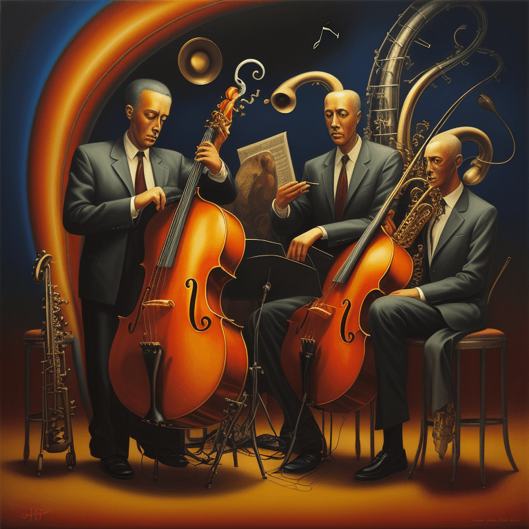 AI generated: music Album cover picture, jazz, surreal art, oil picture, music instruments, 