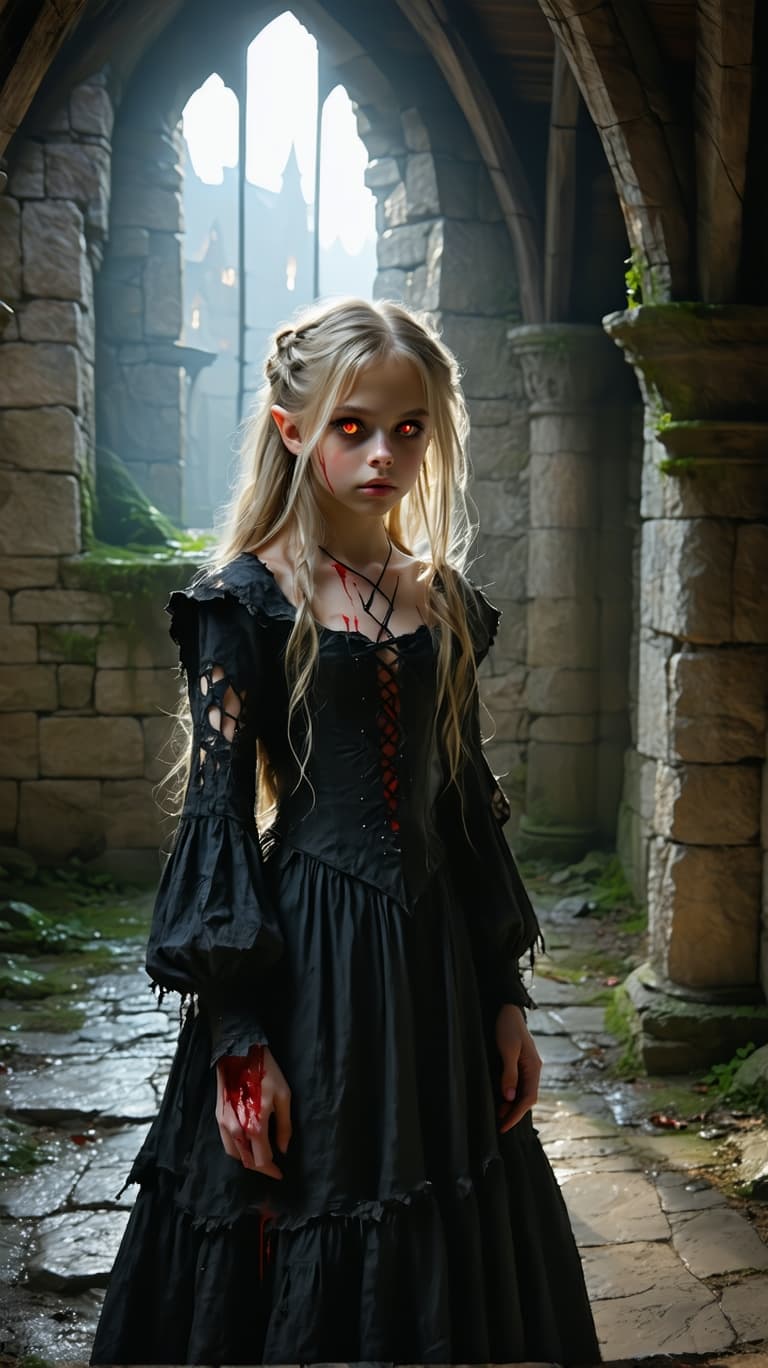 AI generated: A professional photo of a realistic exceptionally beautiful tween christina vampire, standing in a o...