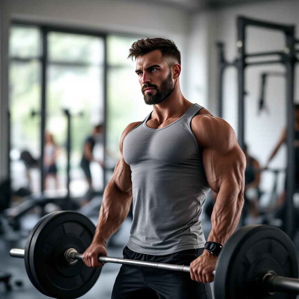 AI generated: A 29-year-old Croatian man in a modern gym setting, engaged in an intense workout. He has an athleti...