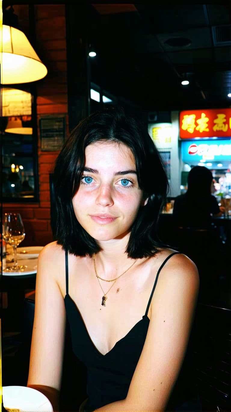 AI generated: 18-year-old woman, black hair, light blue eyes, tanned white skin, thin body, and light makeup. She'...