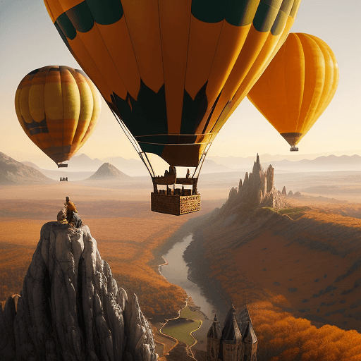 AI generated: Two adventurers in a hot air balloon, their eyes wide with wonder as they gaze upon lands filled wit...
