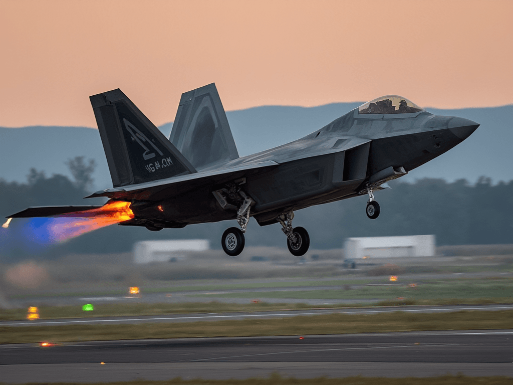 AI generated: A_hyper_realistic_photograph_of_an_F_22_Raptor_in_a_steep_vertical_takeoff,_captured_from_behind,_sh...