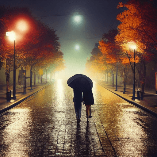 AI generated: Autumn in Korea, rainy street, street lamp, two lovers are walking on the street