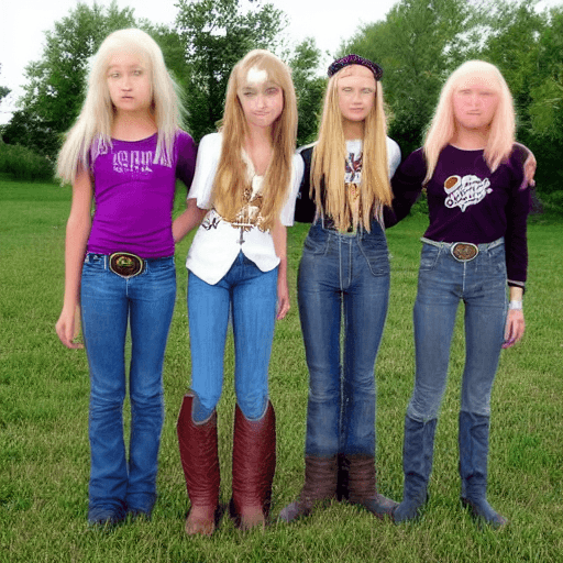 AI generated: slim 12 year old Violet Riot (Cowgirl), with long blonde hair And slim 14 year old Plum Riot (Cowgir...