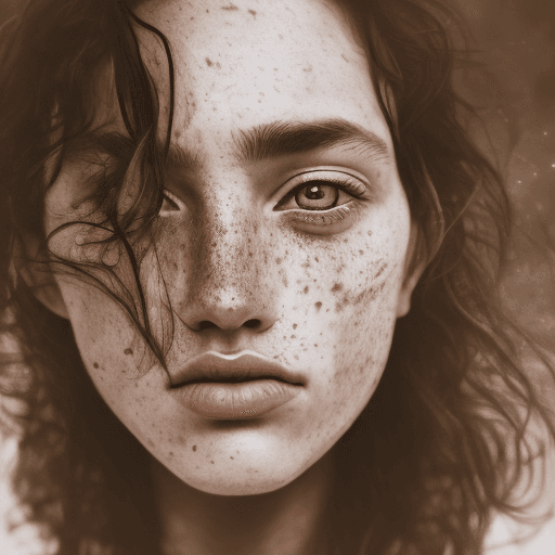 AI generated: detailed and realistic portrait of a woman with a few freckles, round eyes and short messy hair shot...