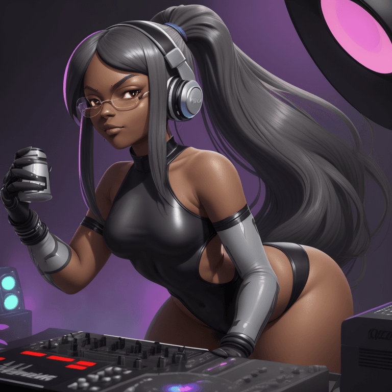 AI generated: inkling adult, long hair in a single ponytail, dark skin, leotard, thick thighs, speakers on helmet ...