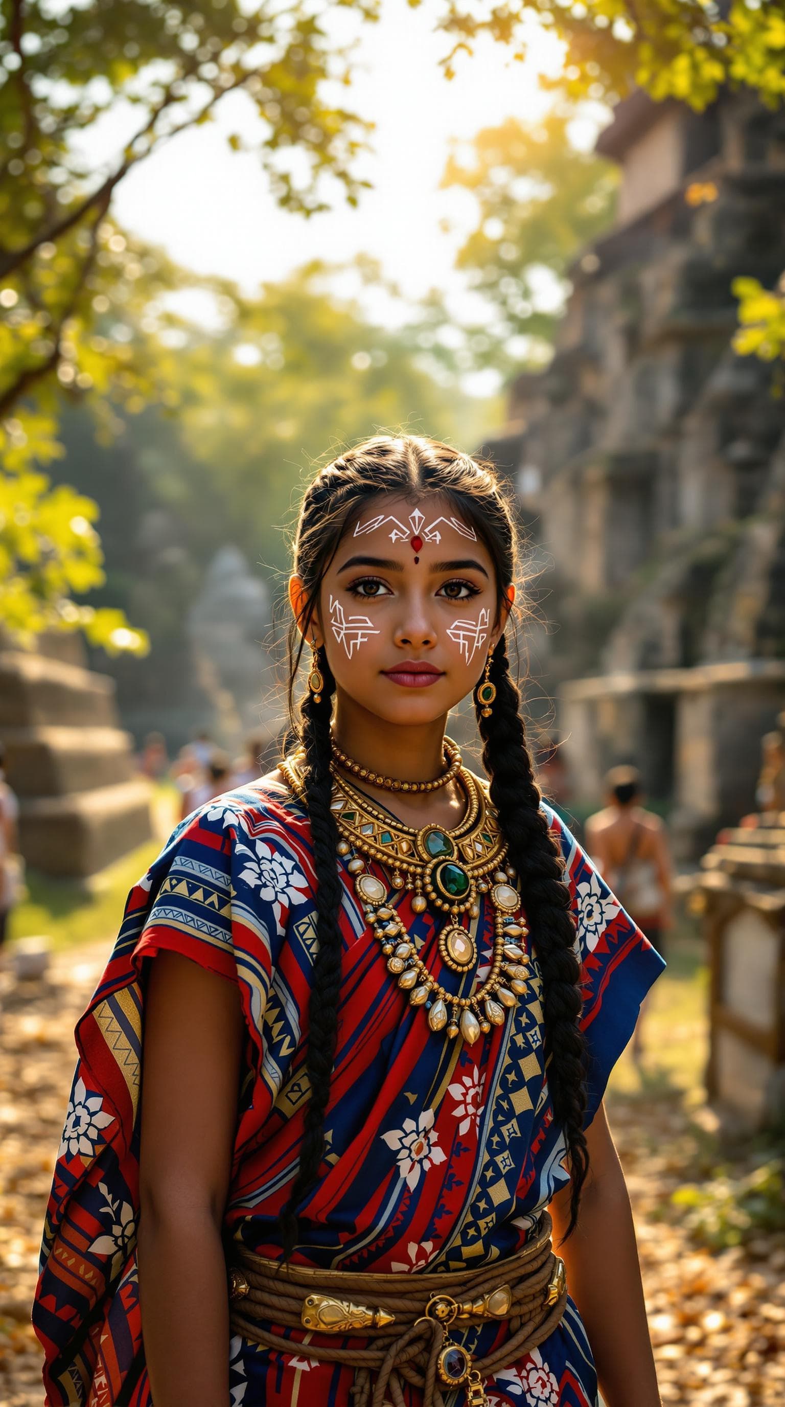 AI generated: Ein junges indigenes Mädchen, etwa 12-14 Jahre alt, steht stolz in einer antiken Mayastadt. Sie träg...