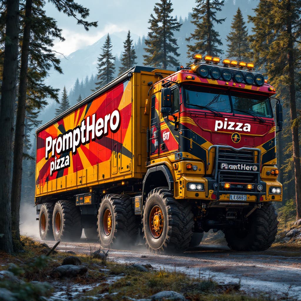 AI generated: a huge truck , the logo is "PromptHero pizza" , the huge truck is going to forest.