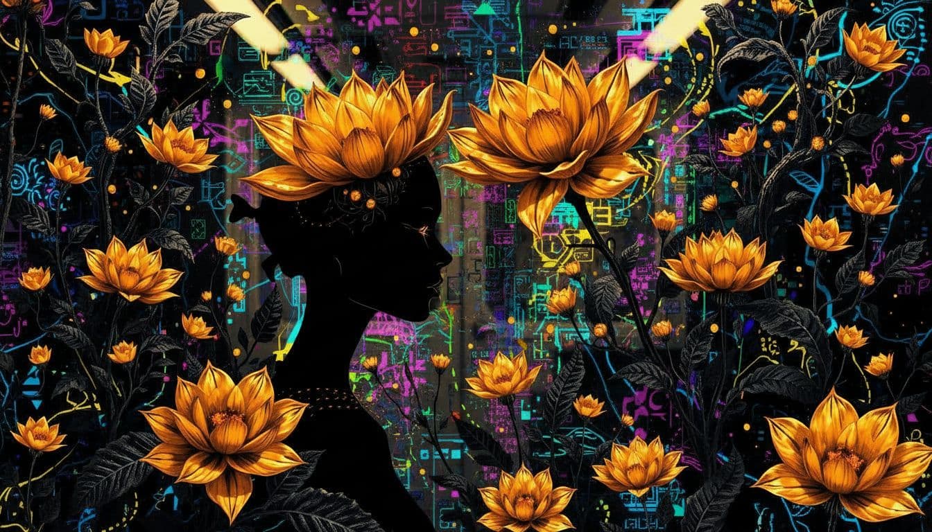 AI generated:  classic art noir vintage print with high-tech futuristic elements. Image is a digital artwork featu...