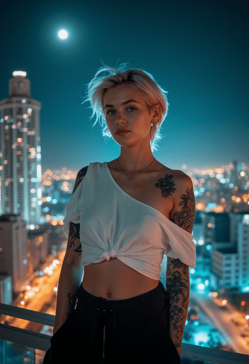 AI generated: This is a photograph of a young woman standing confidently on a rooftop at night, surrounded by the ...