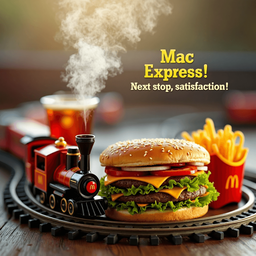 AI generated: A vibrant, close-up shot of a McDonald’s meal—a Big Mac, crispy fries, and a fizzy Coca-Cola—set aga...