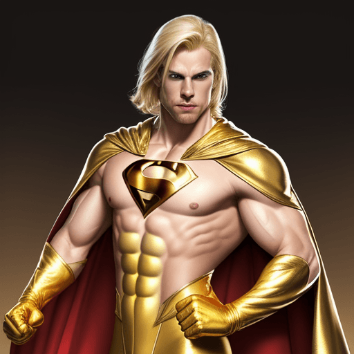 AI generated: male superhero named champion blond hair, no symbol on chest, skin tight gold suit, gold cape, gold ...