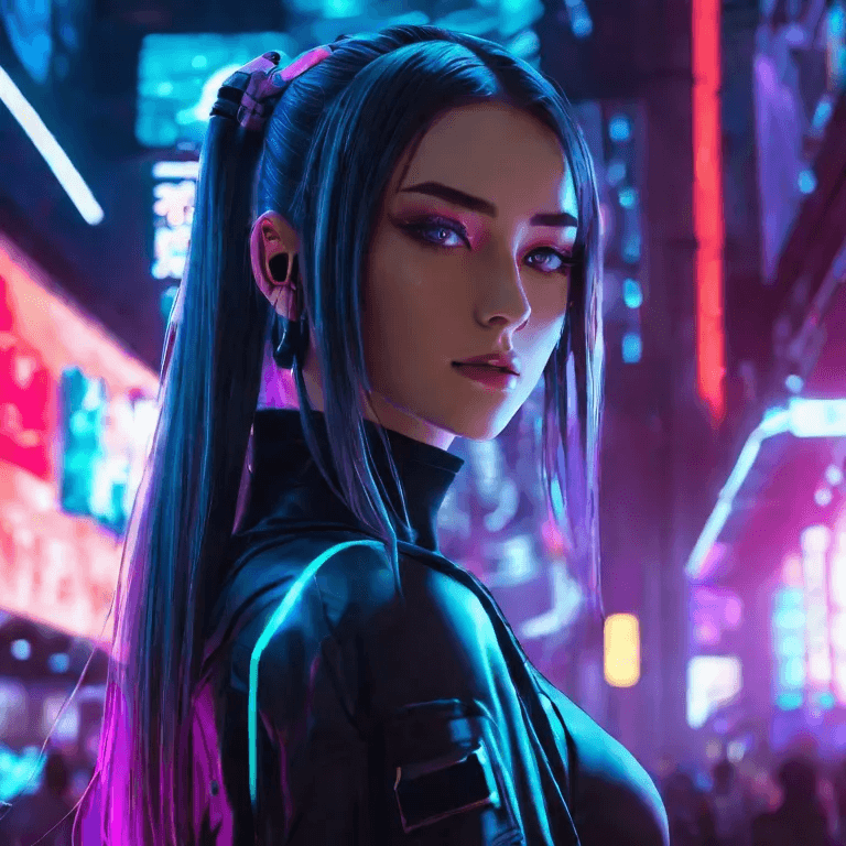 AI generated: beautiful woman, anime, cyberpunk, cyborg, glowing, hologram, long hair, neon lights, immersive back...