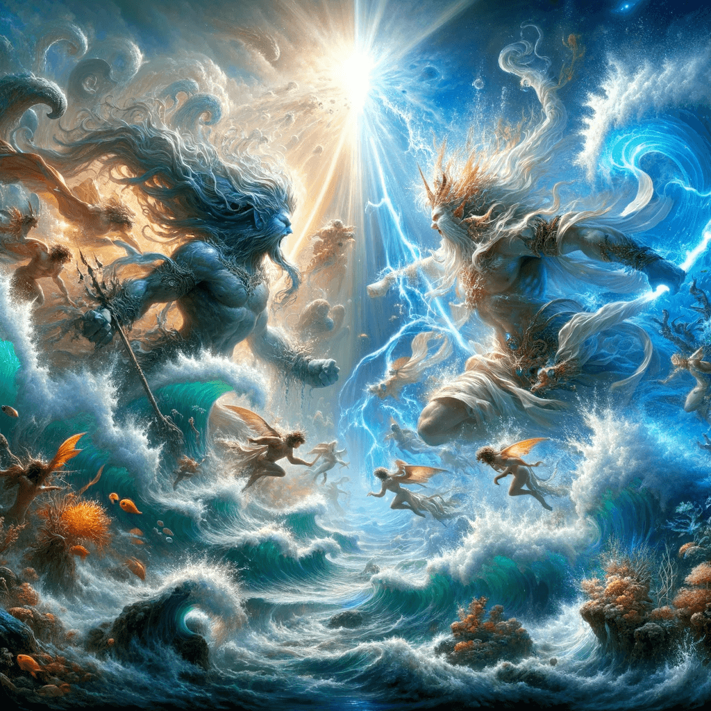 AI generated: Visualize an underwater realm where two half-god figures reign. The first commands the element of wa...