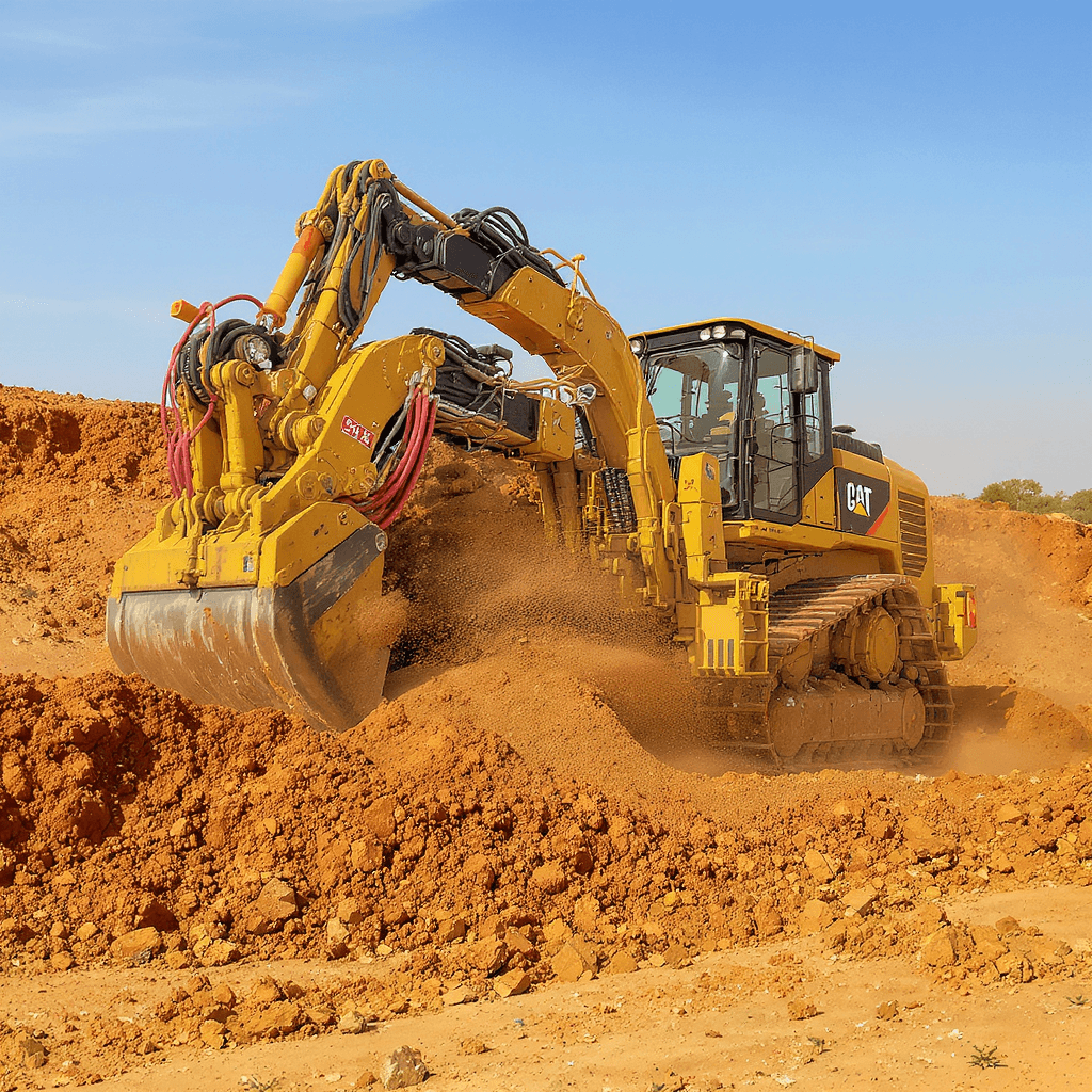 AI generated: maquinaria pesada tipo caterpillar que este en un a zona de trabajo con puesta de sol 