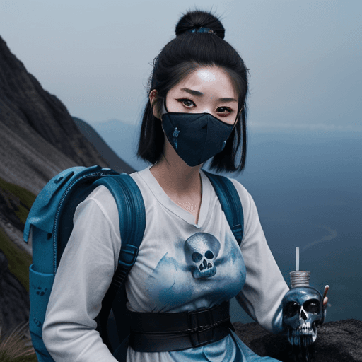 AI generated:  woman samurai survivor, with brighten white eyes and dark make-up, holds a jar with blue biosludge ...