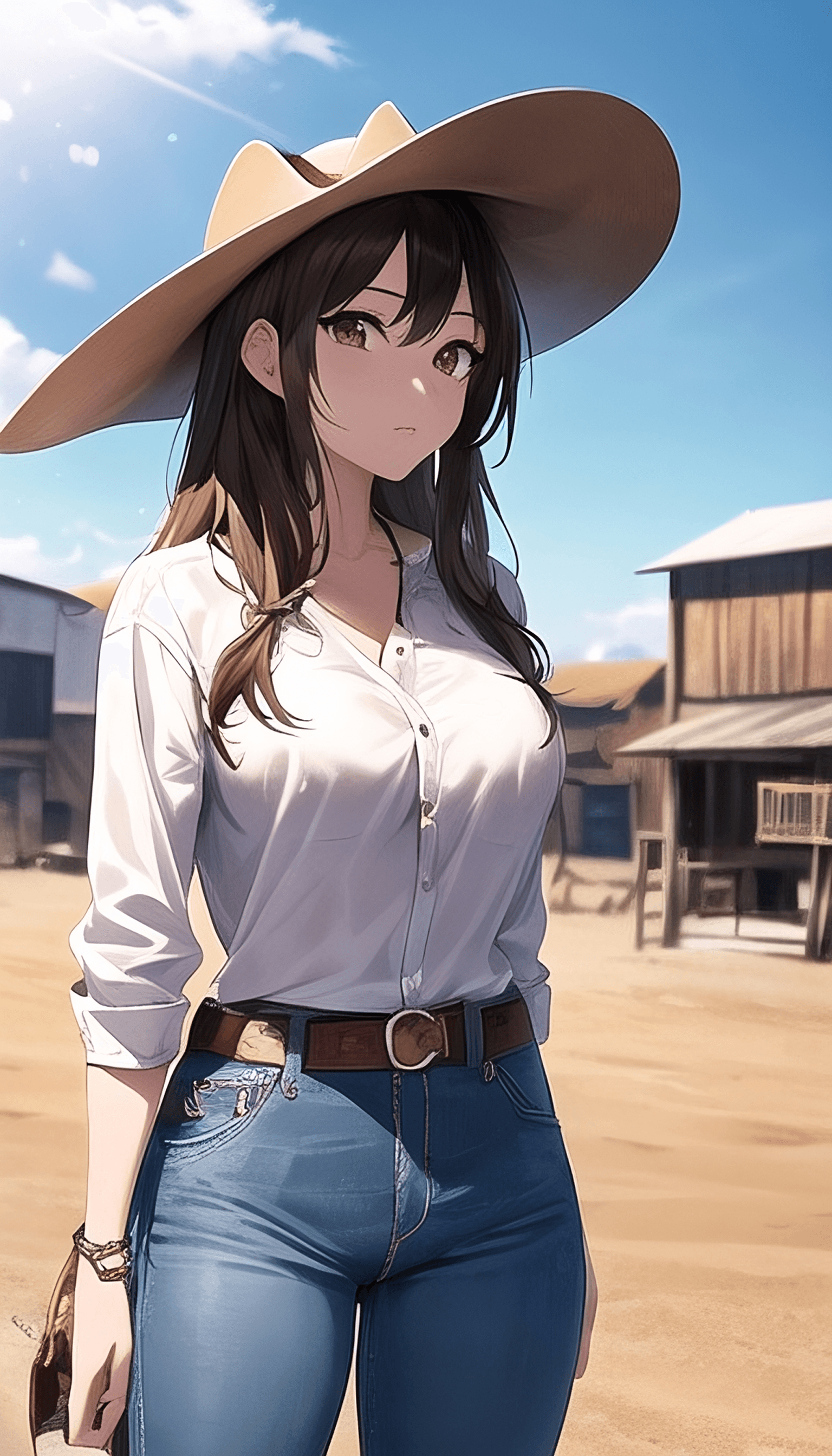 AI generated: A western anime cowgirl, cowgirl, horses, outdoors, jeans, rough cowboy hat, western afternoon sky, ...
