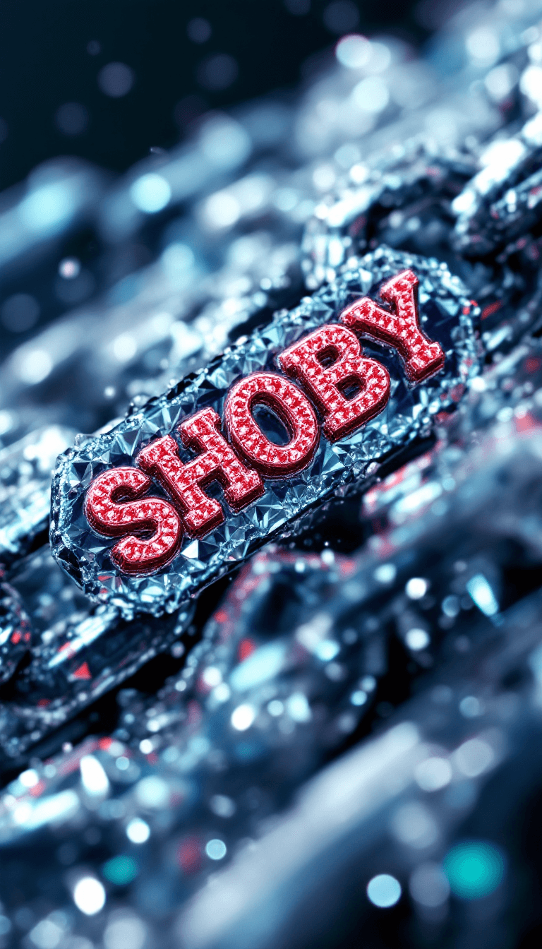 AI generated: big diamond ice out cuba chain. On the Chain  is the text: SHOBY" in a abstract red diamond font sty...