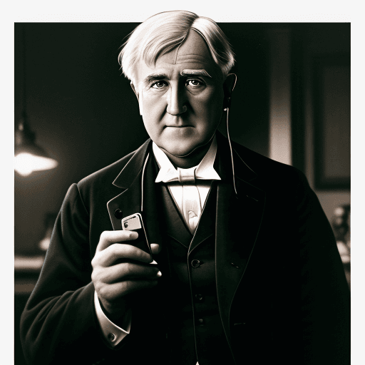 AI generated: High resolution photography 8k of Thomas Edison taking a call on an iPhone
