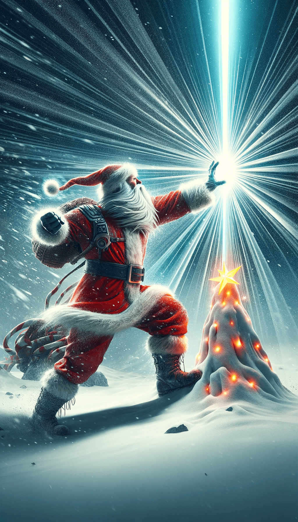 AI generated: Visualize Santa Claus in a more epic and combat-ready style, while retaining his iconic identity. Th...