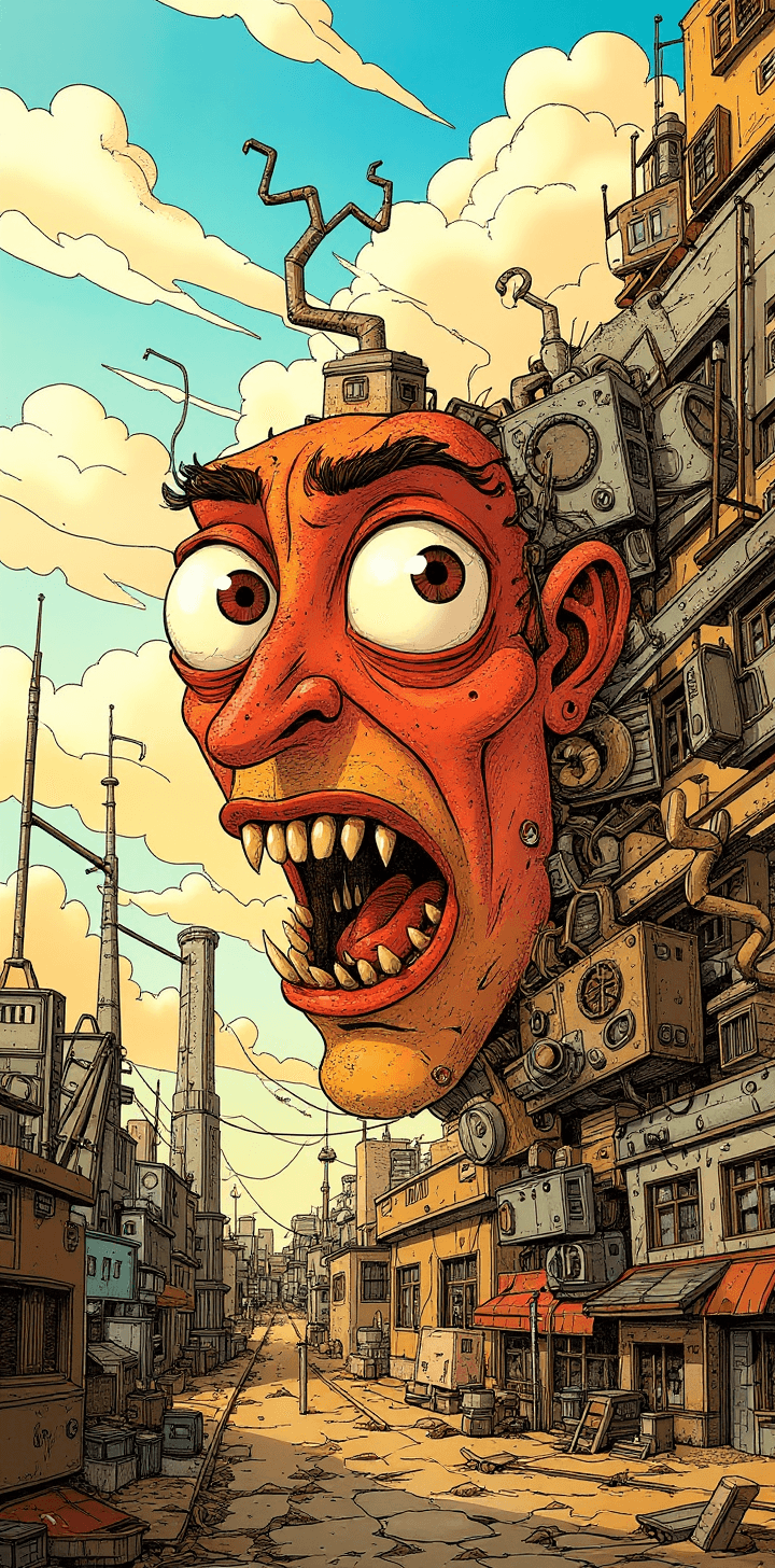 AI generated: cartoon with a colorful  face, surrounded by a city, in the style of tim doyle, industrial forms, pa...