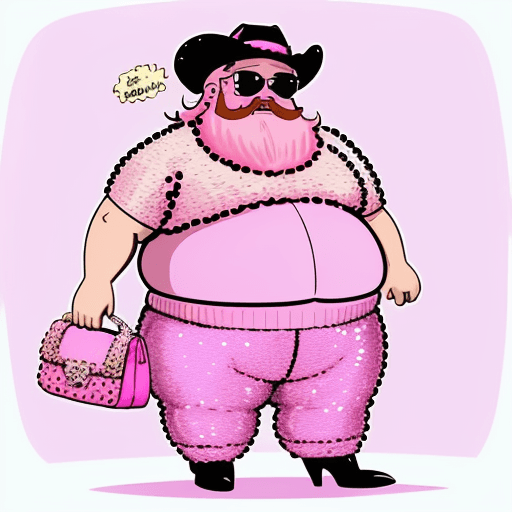 AI generated: overweight, old male, Pink fuzzy short sleeve type sweater, Pink, sequin, Knee length tight skirt on...