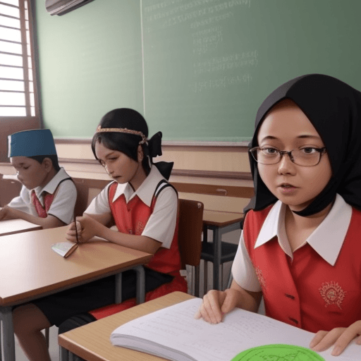 AI generated: Buatkan gambar animasi Seorang guru bergembira dengan murid muridnya di kelas