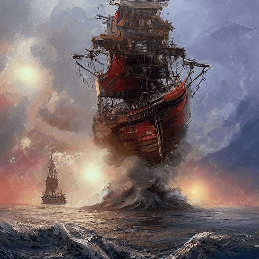 AI generated: oil painting with heavy impasto of a pirate ship and its captain, cosmic horror painting, elegant in...