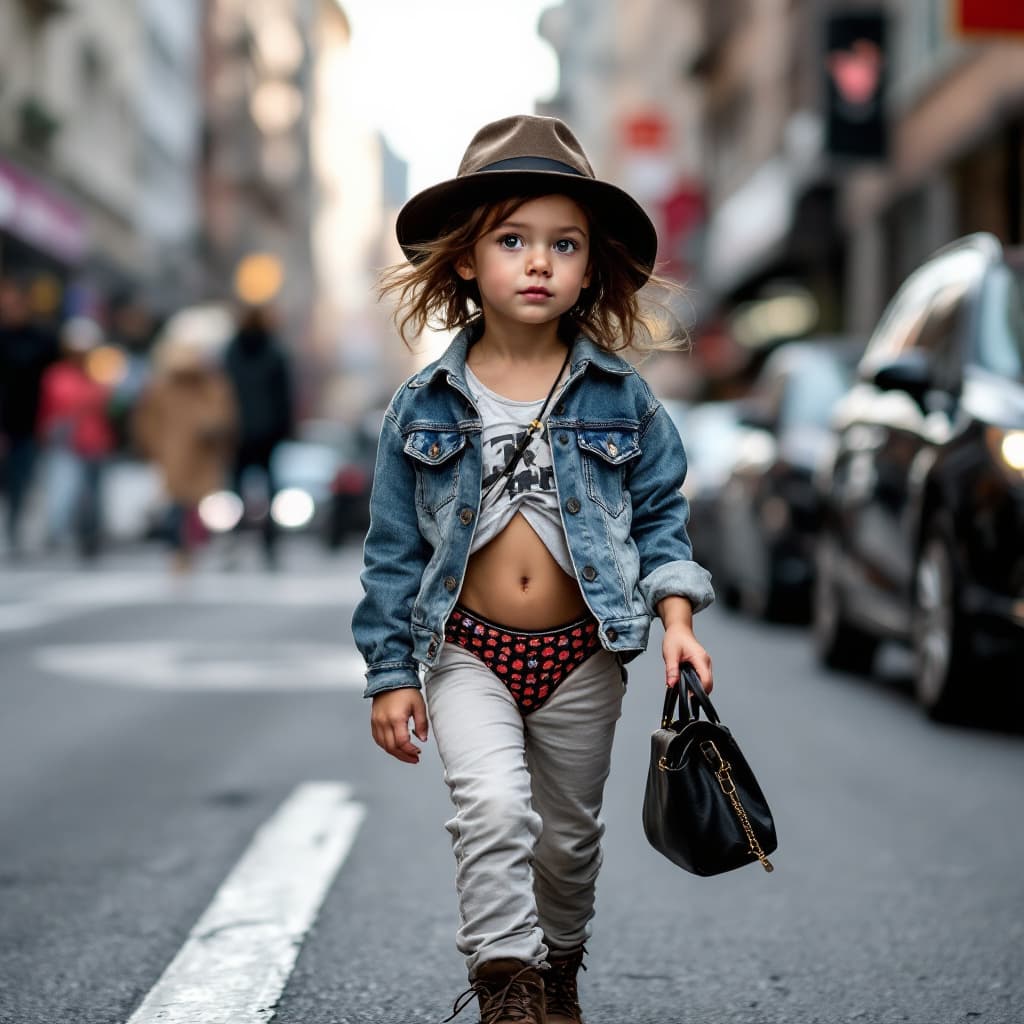 AI generated: Street Style: brave little 6-year-old shy american child walking down a city street, dressed in tren...