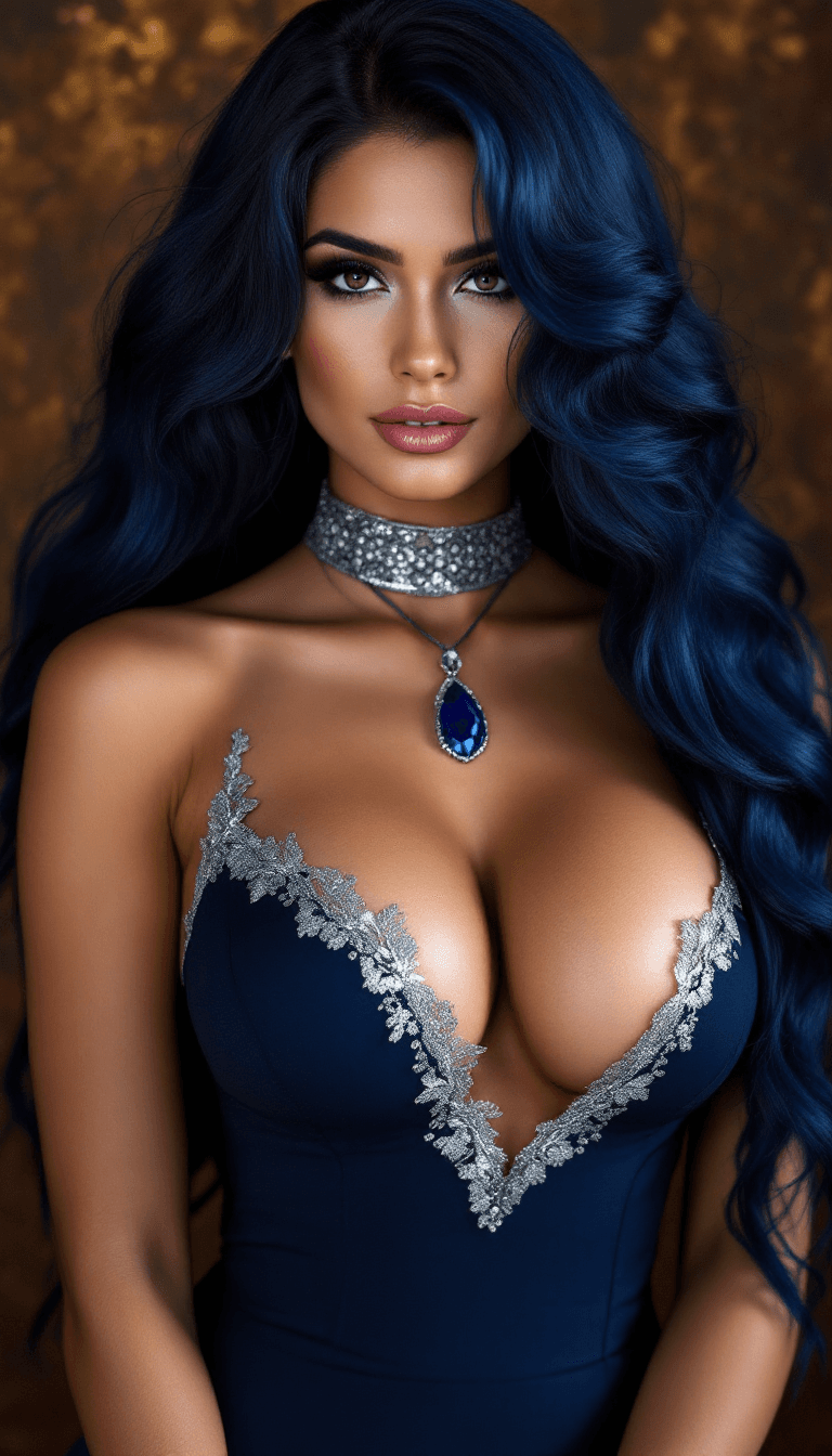 AI generated: A woman in a frontal pose with long, voluminous dark blue hair, wearing a low-cut navy blue dress wi...