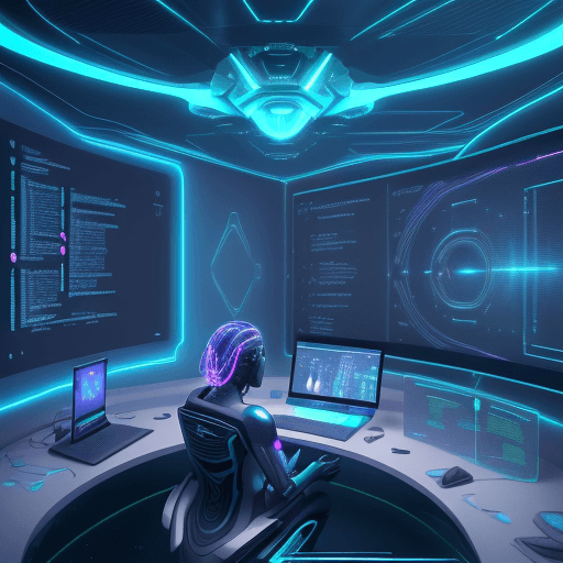 AI generated: Create a vivid and futuristic scene where an advanced AI assists a focused student in their work, wi...