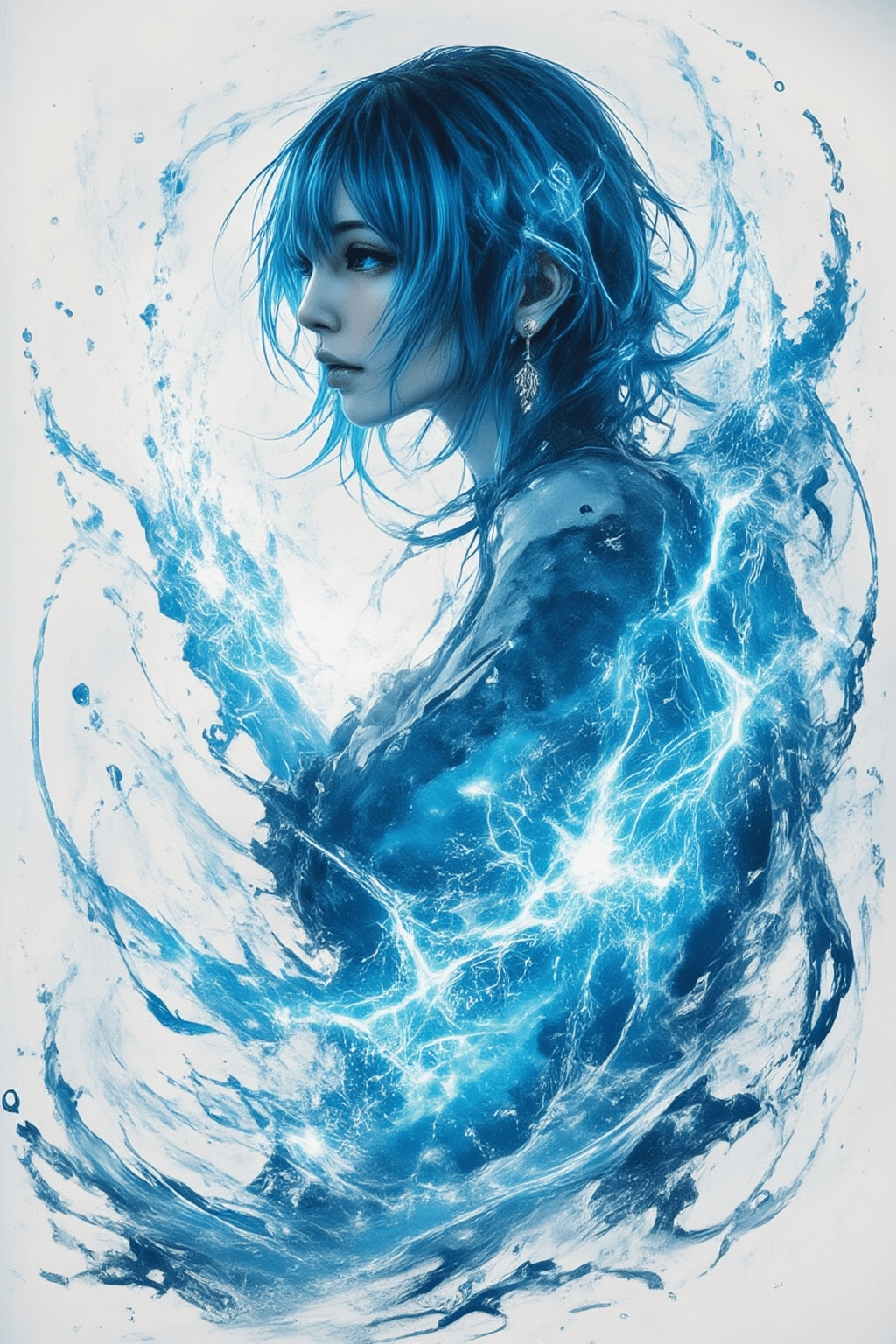 AI generated: Silhouette Art, magnificent. japanese female water elemental, long blue hair, bangs, pulsing with wa...