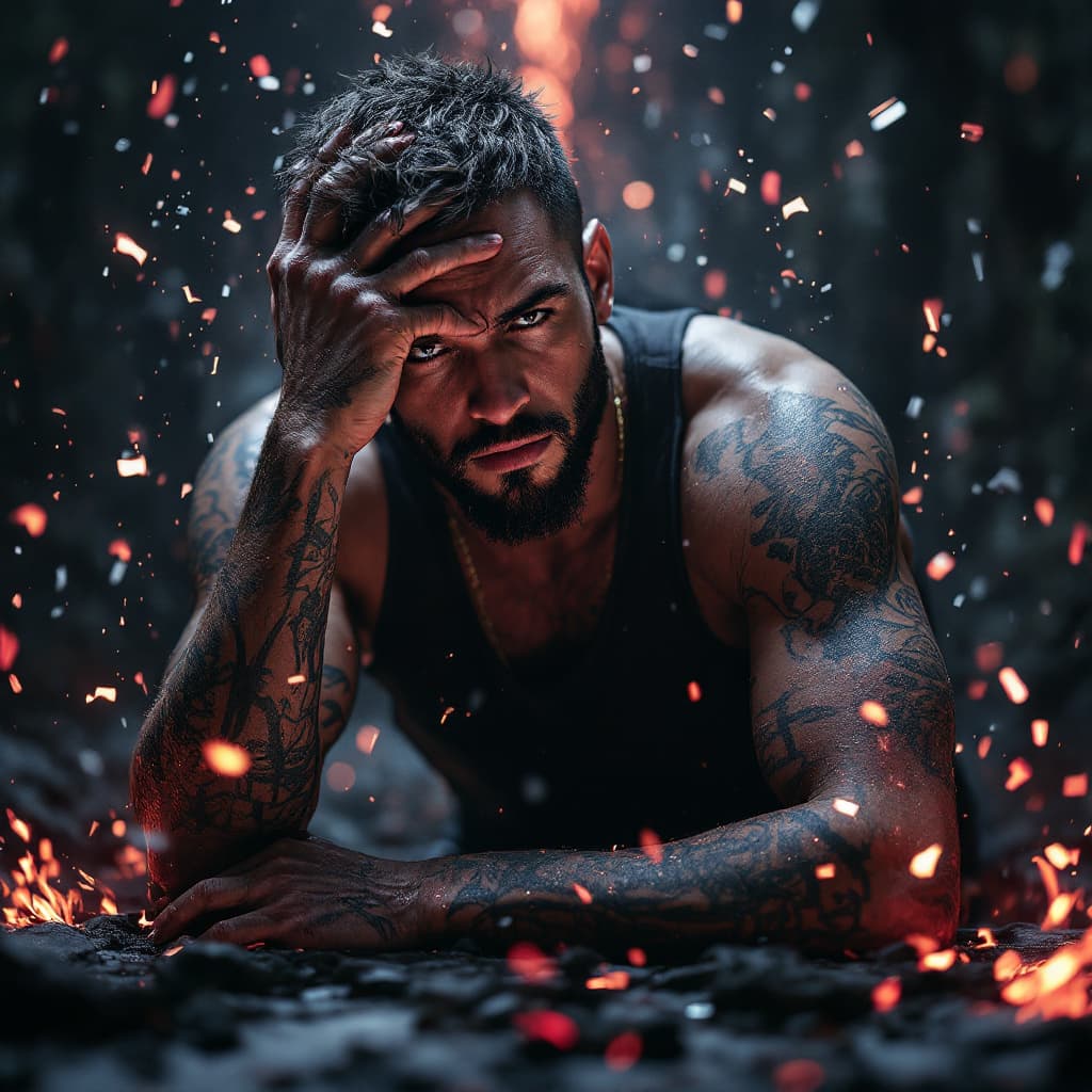 AI generated: man that stressed by life but is still strong enough to face it and gain his power from God from his...