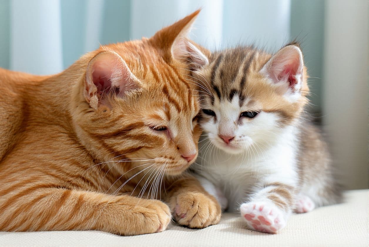 AI generated: Orange wise cuddly 1 year old full grown cute boy ginger orange cat is cuddling with new adopted sis...
