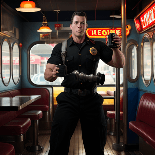 AI generated: panoramic long shot of a gorgeous fireman, dynamic pose, old classic American diner, short hair, int...