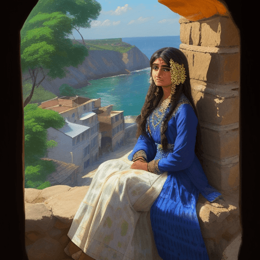 AI generated: Impressionist painting of a woman in a Sindhi cultural dress and Sindhi Ajrak sitting on the stone w...
