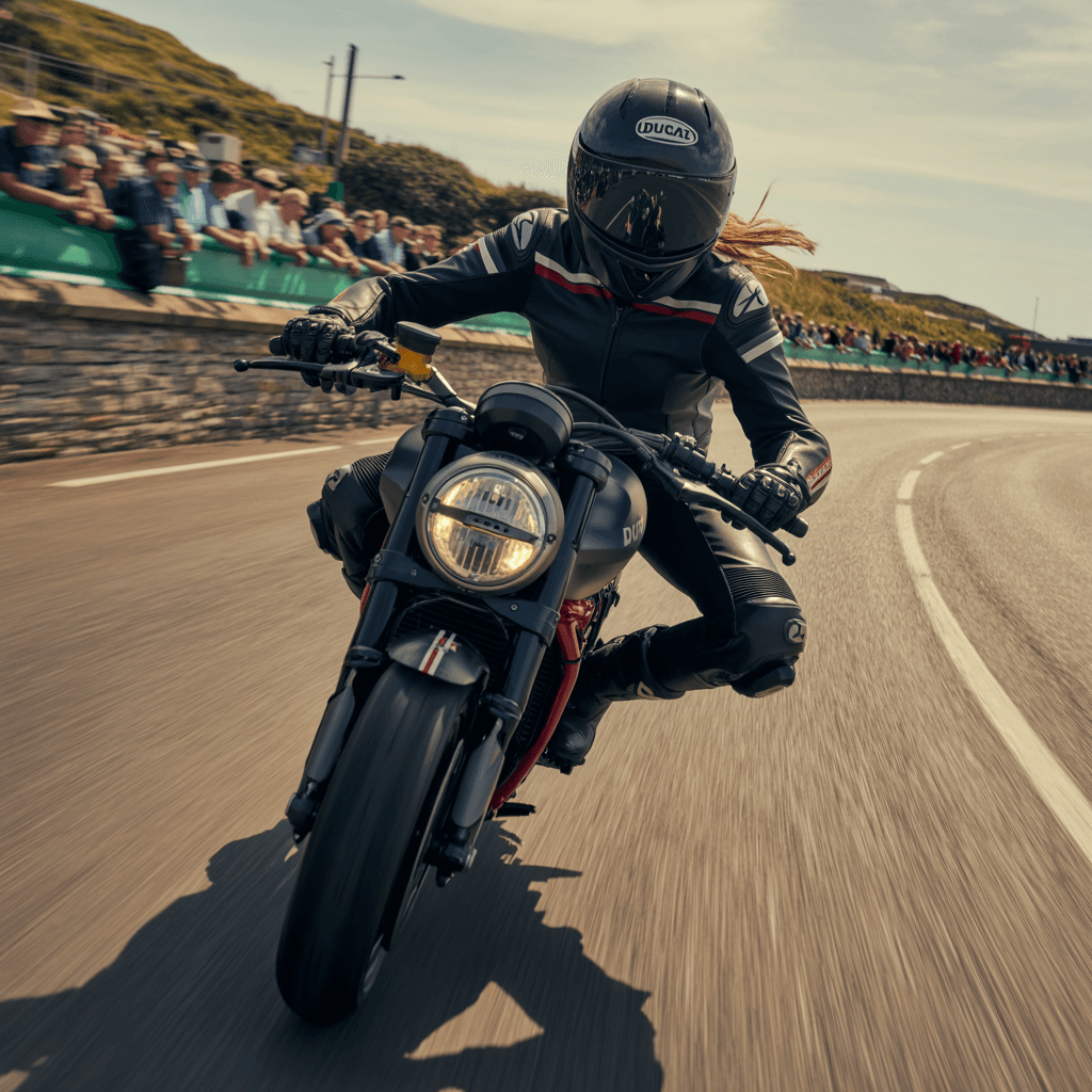 AI generated: woman riding a ducati motorcycle at the isle of man tt wearing tight leather suit 